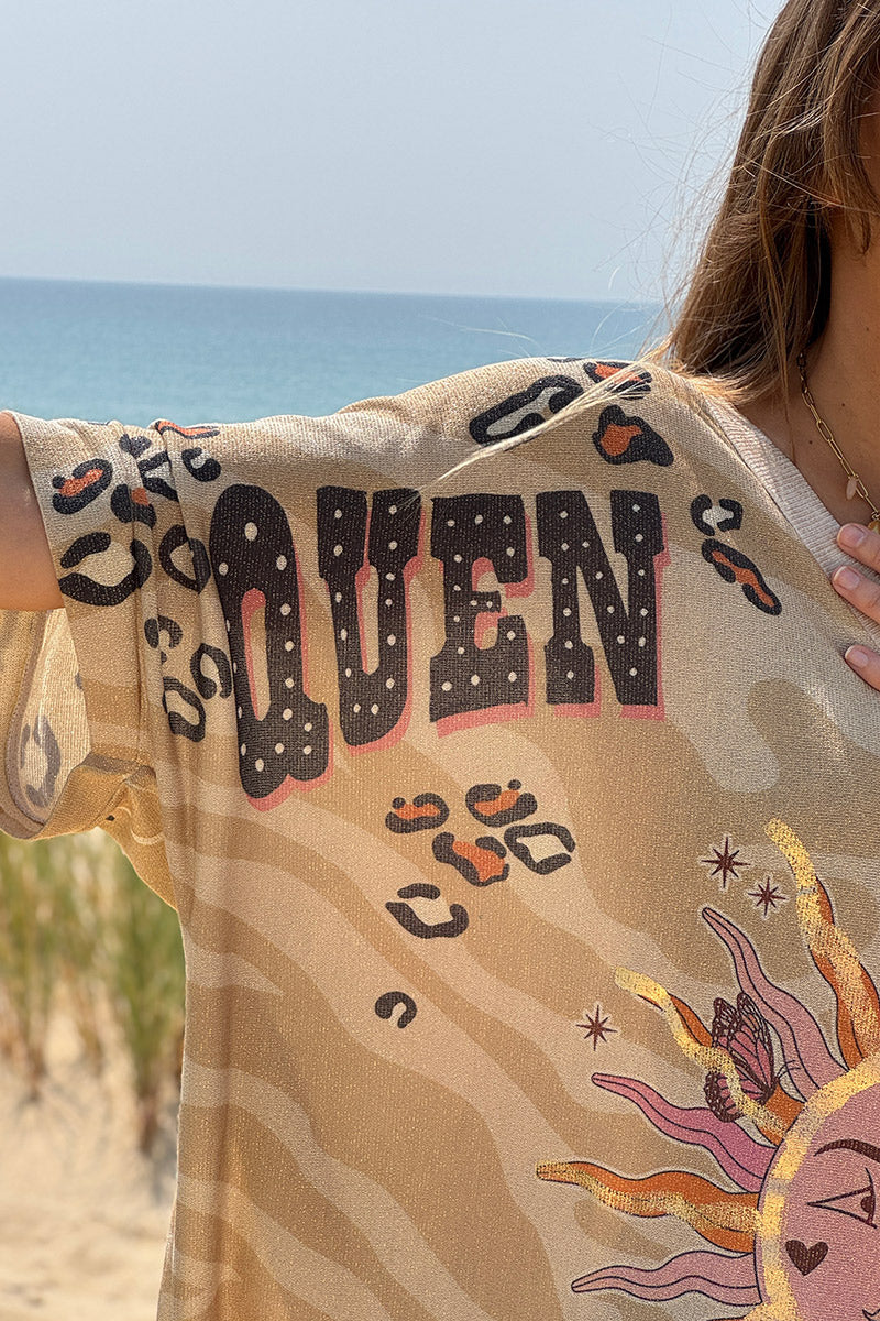 Beige Jungle Sun Glitter Knit Top