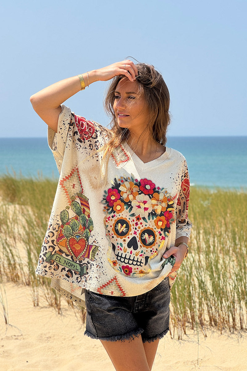 Cream Southwest Skull Glitter Knit Top