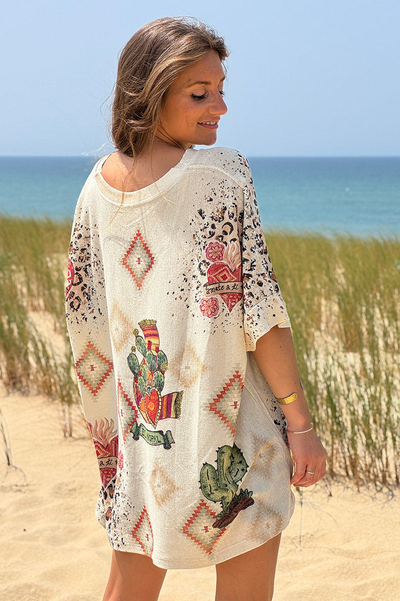 Cream Southwest Skull Glitter Knit Top