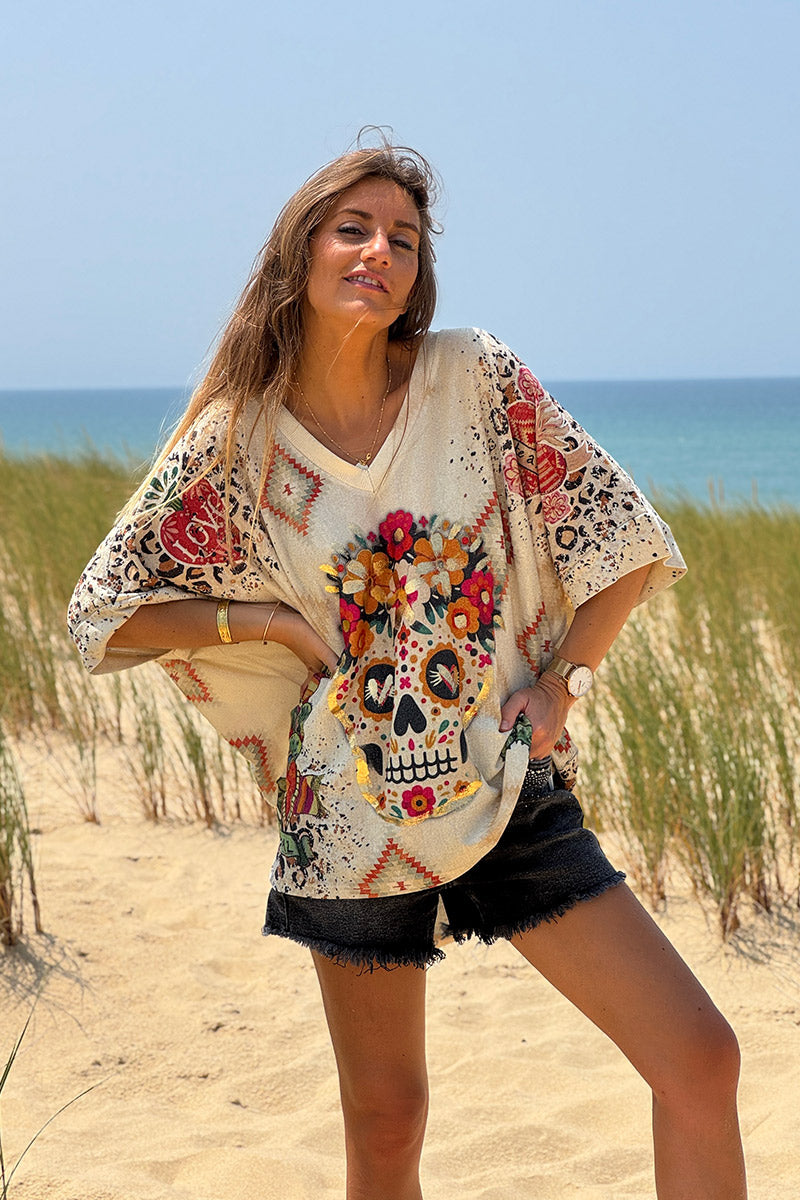 Cream Southwest Skull Glitter Knit Top
