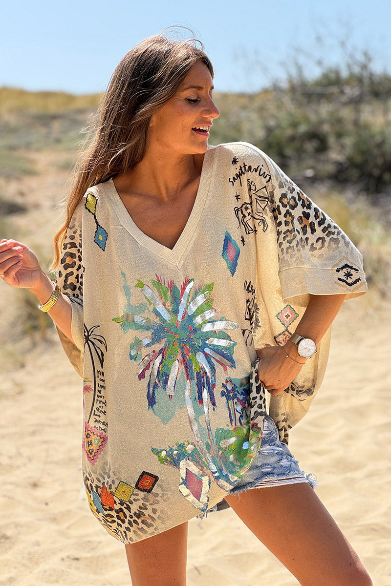 Beige Sparkle Knit Mixed Media Blouse