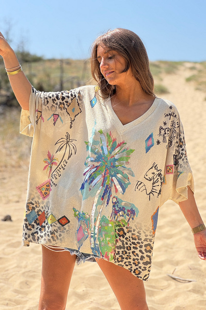 Beige Sparkle Knit Mixed Media Blouse