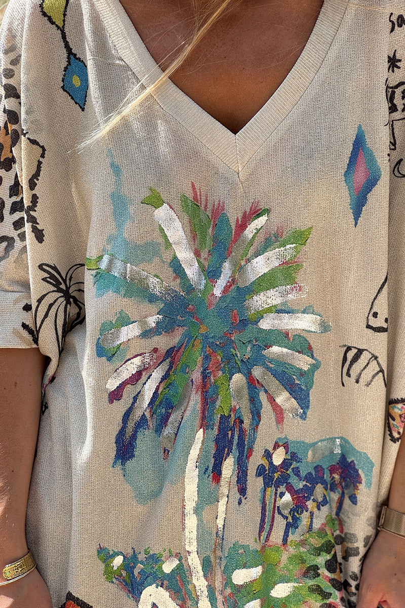 Beige Sparkle Knit Mixed Media Blouse