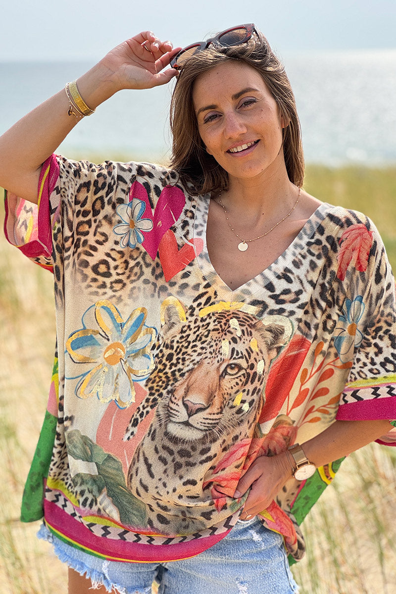 Leopard Print “Only Positive Vibes” Glitter Knit Dolman Top