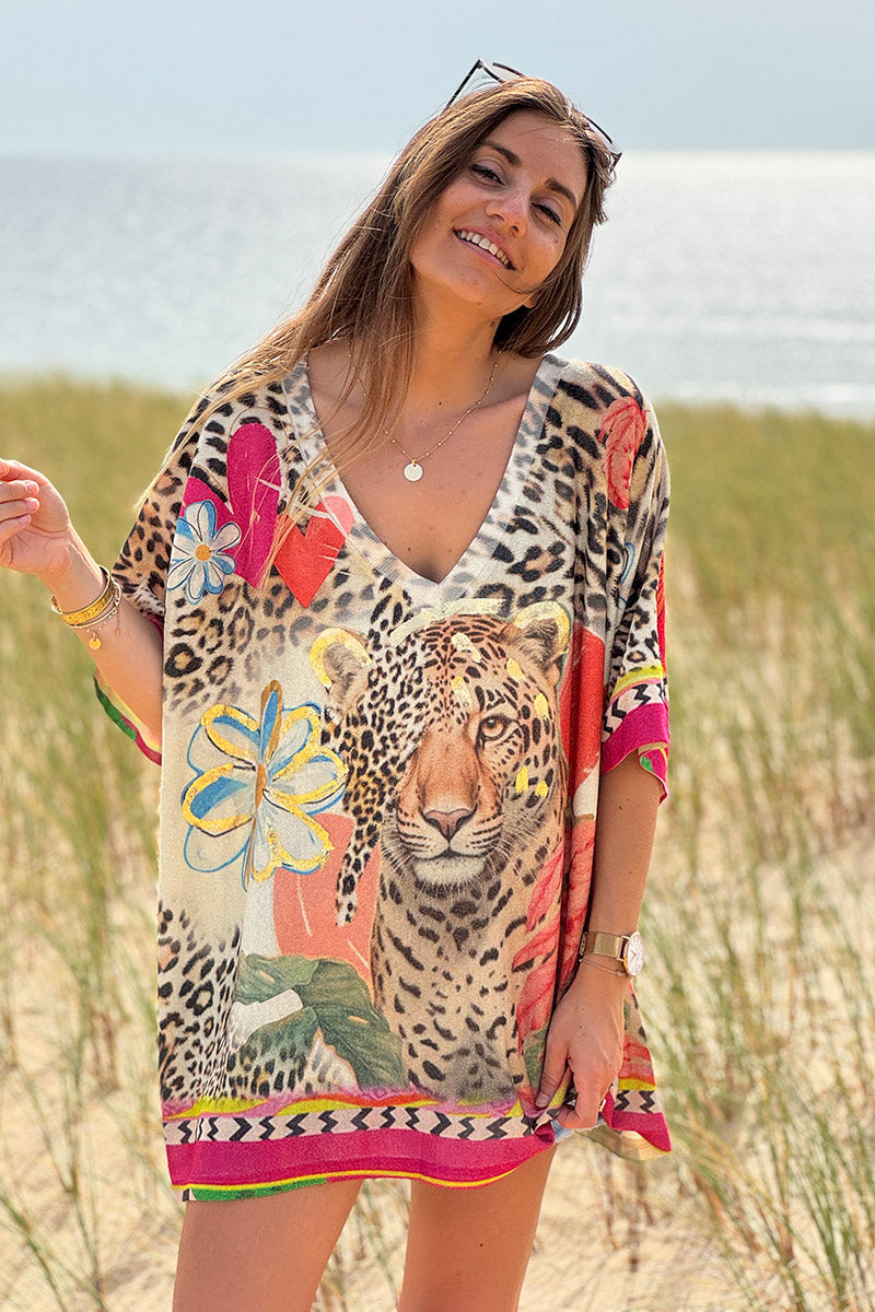 Leopard Print “Only Positive Vibes” Glitter Knit Dolman Top