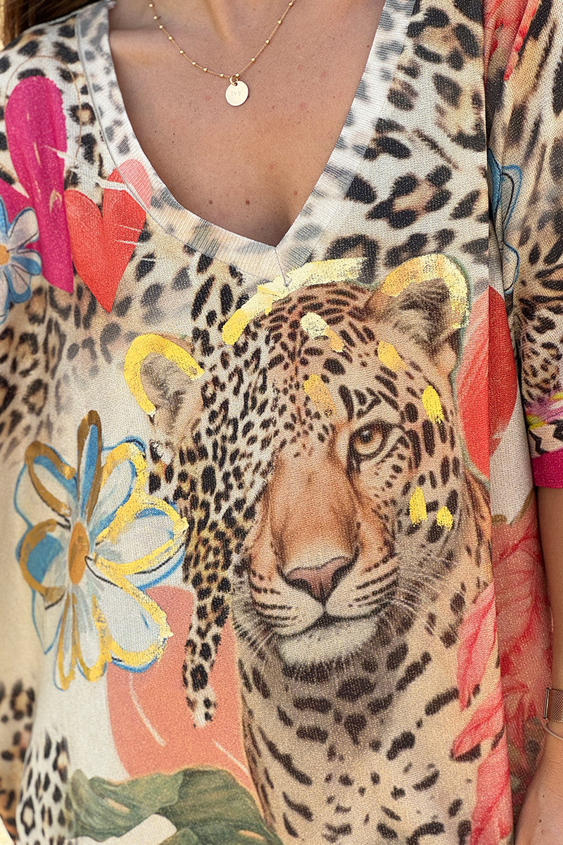 Leopard Print “Only Positive Vibes” Glitter Knit Dolman Top