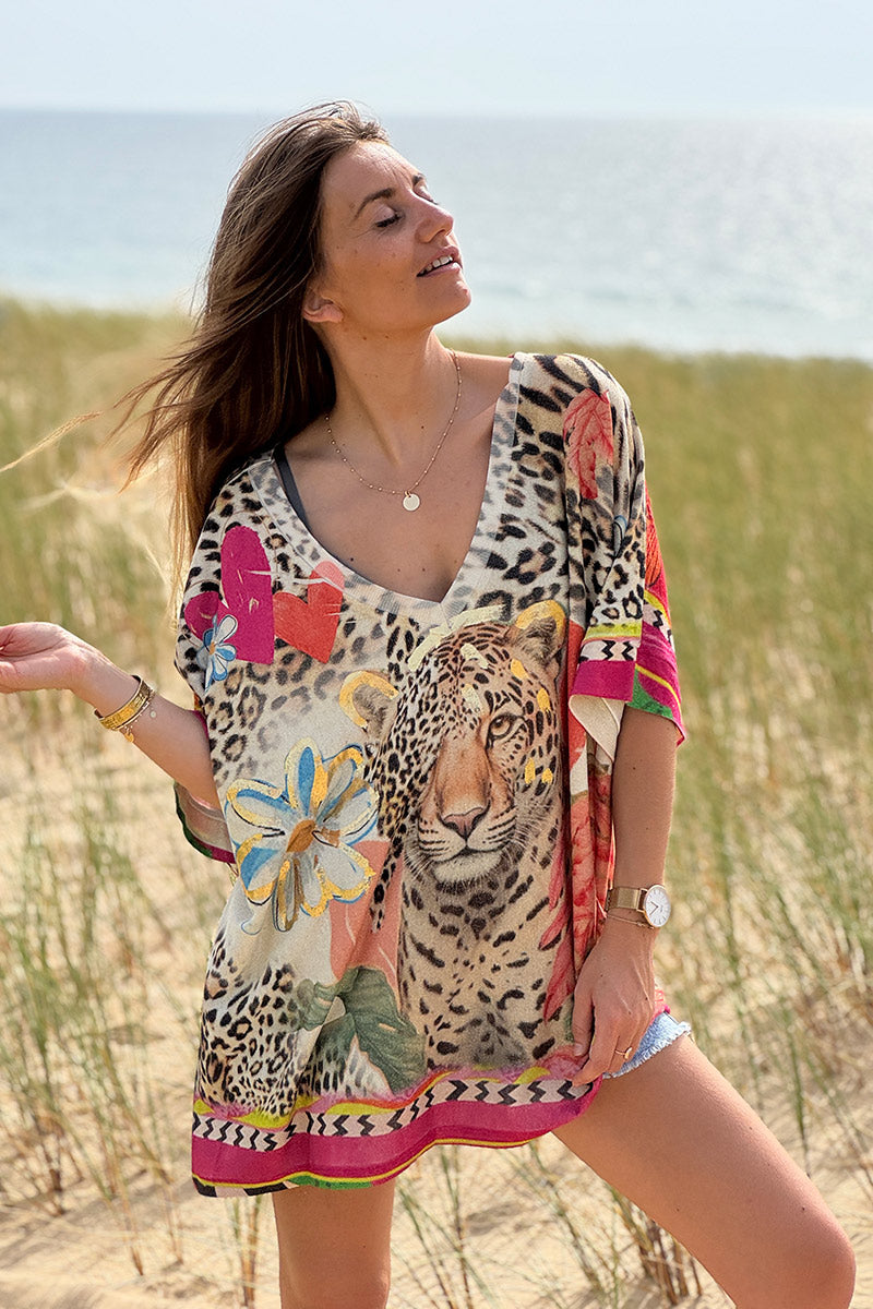 Leopard Print “Only Positive Vibes” Glitter Knit Dolman Top