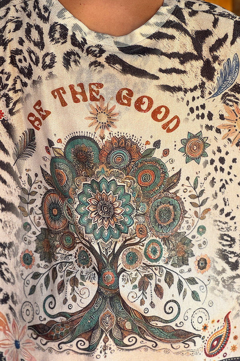 Top large beige brillant motif soleil mandala arbre de vie imprimé animal