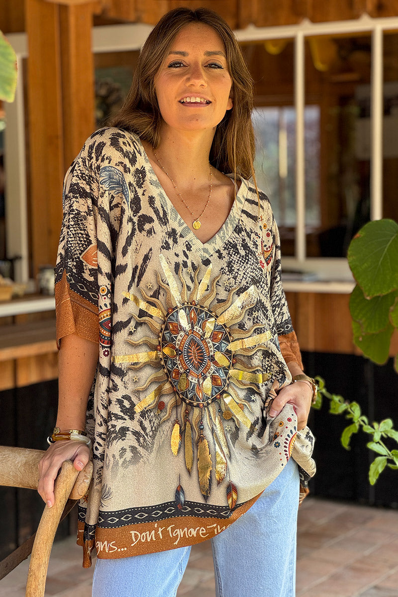 Top large beige brillant motif soleil mandala arbre de vie imprimé animal