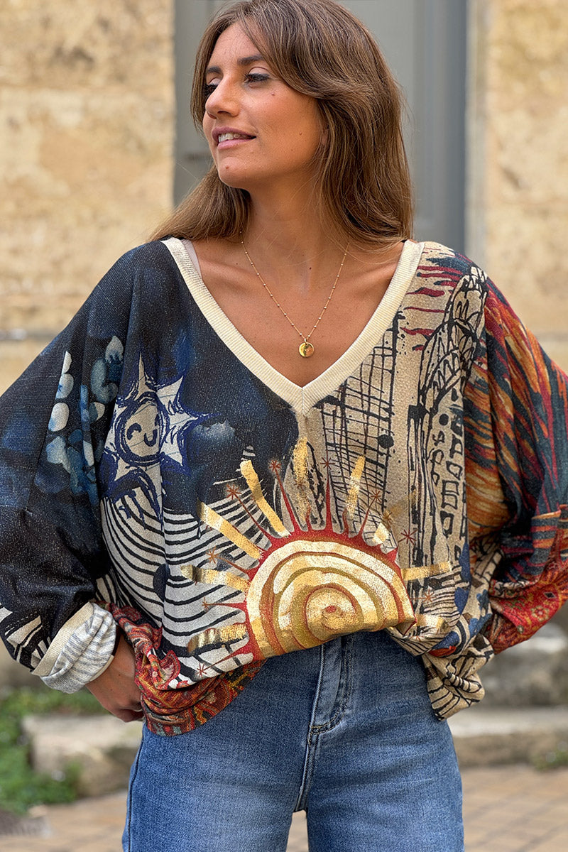 Cream Glitter Knit Golden Sun Mixed Media Top