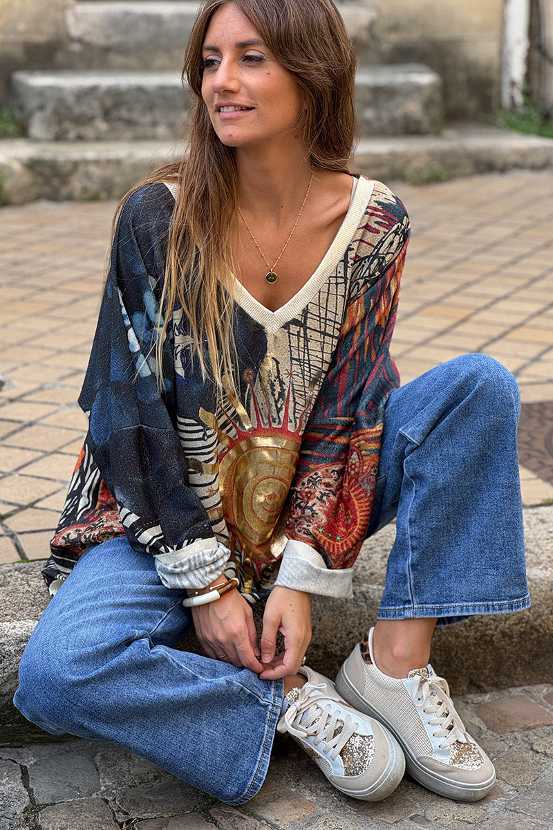 Cream Glitter Knit Golden Sun Mixed Media Top