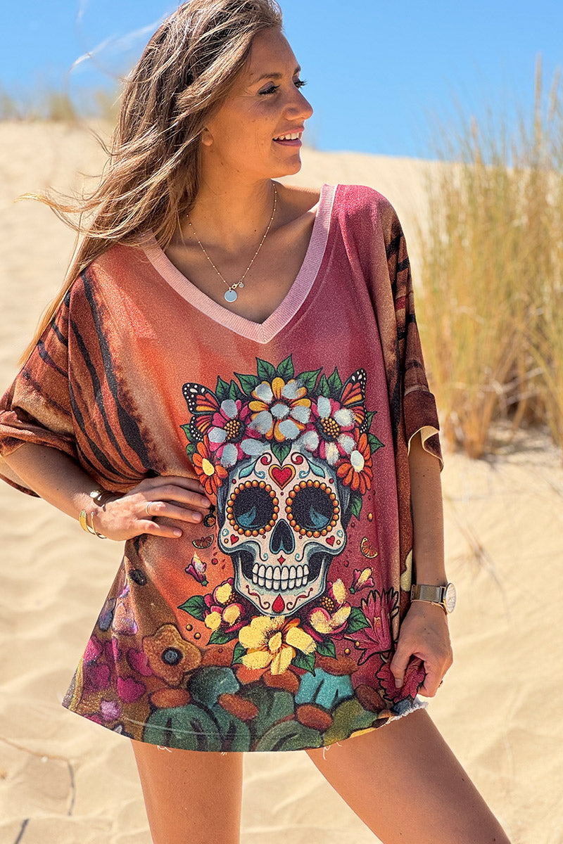 Burgundy Skull Glitter Knit Slouchy Blouse