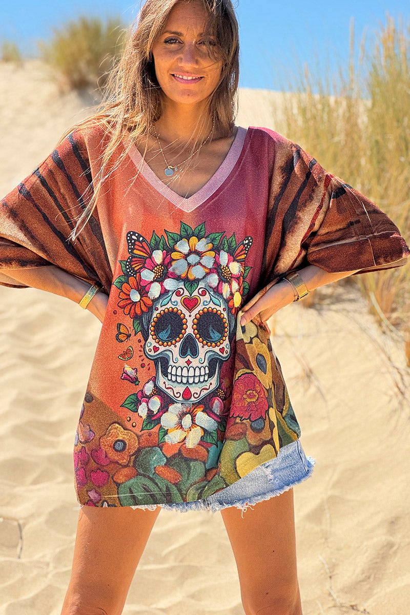 Burgundy Skull Glitter Knit Slouchy Blouse