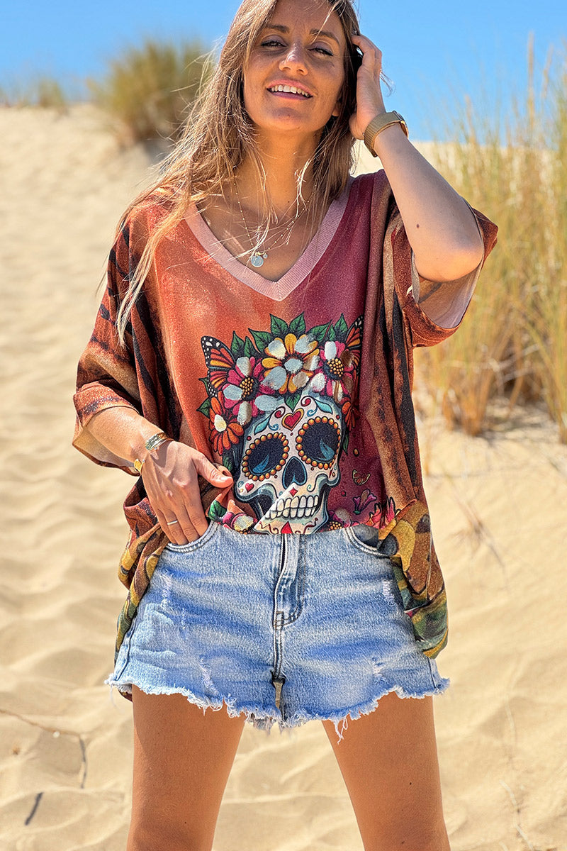 Burgundy Skull Glitter Knit Slouchy Blouse