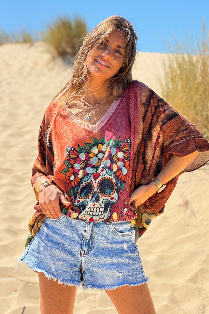 Burgundy Skull Glitter Knit Slouchy Blouse