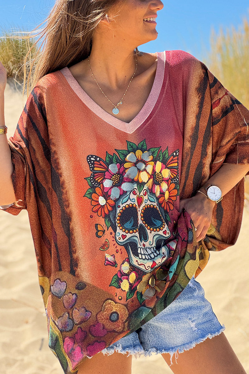 Burgundy Skull Glitter Knit Slouchy Blouse
