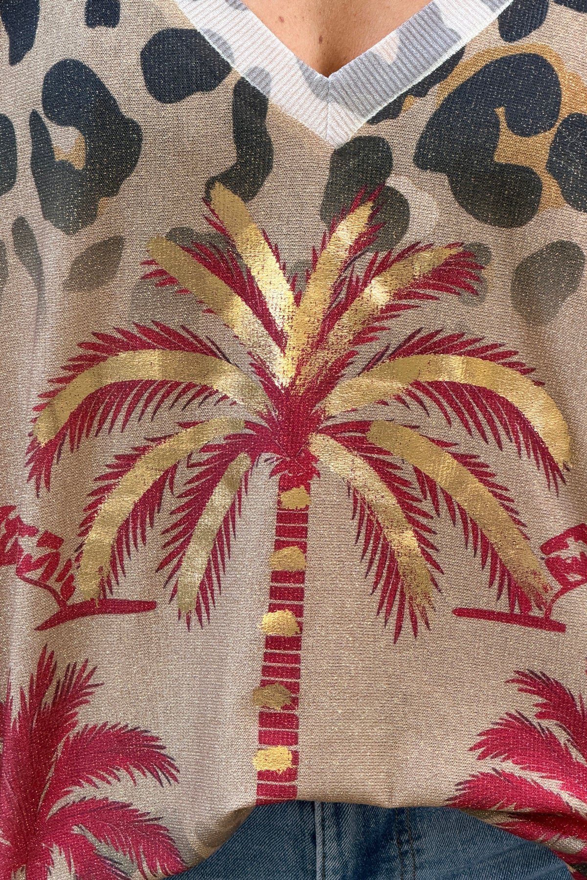 Camel Jungle Palms Long-Sleeve Glitter Knit Top