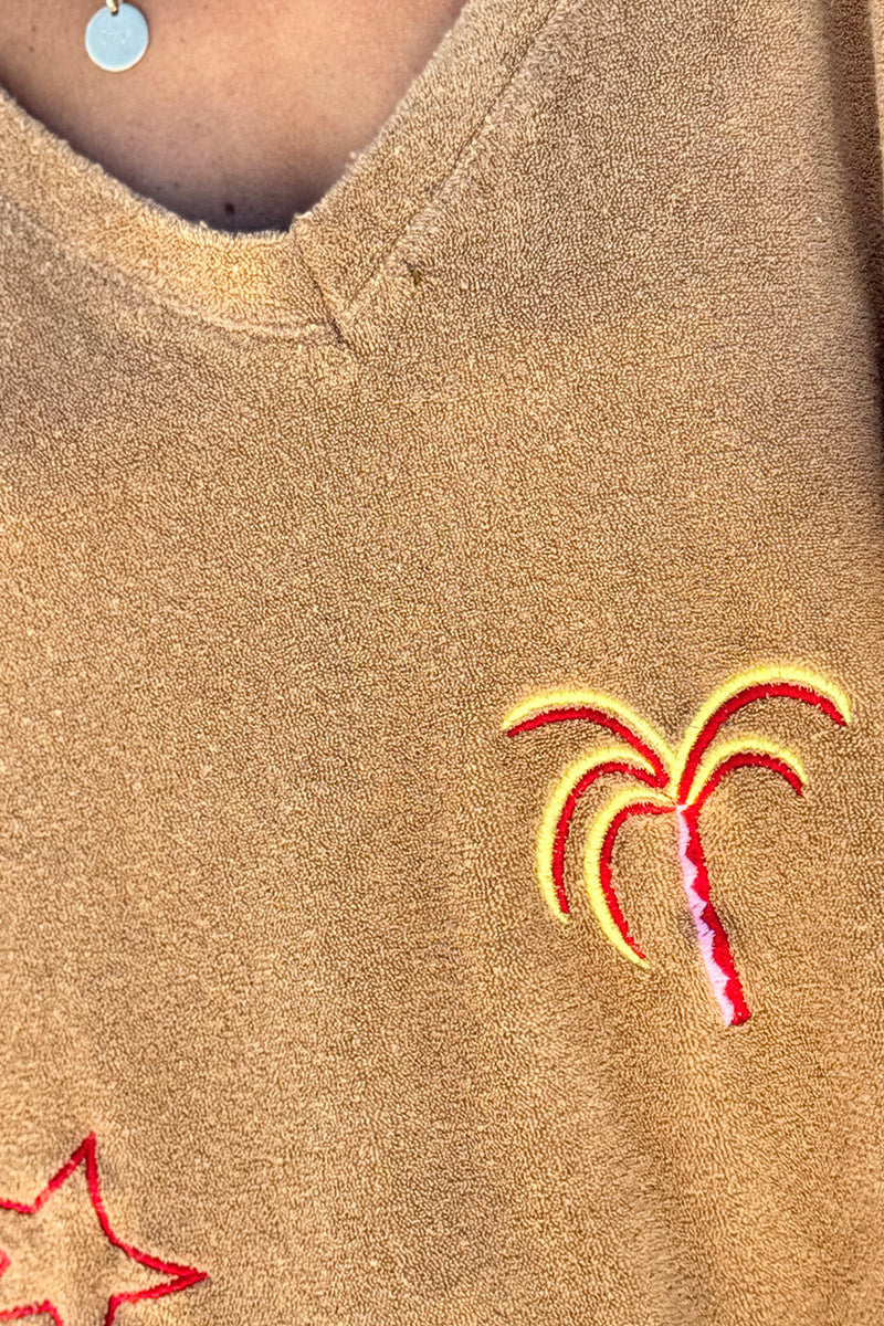 Camel Embroidered Terry V-Neck Top