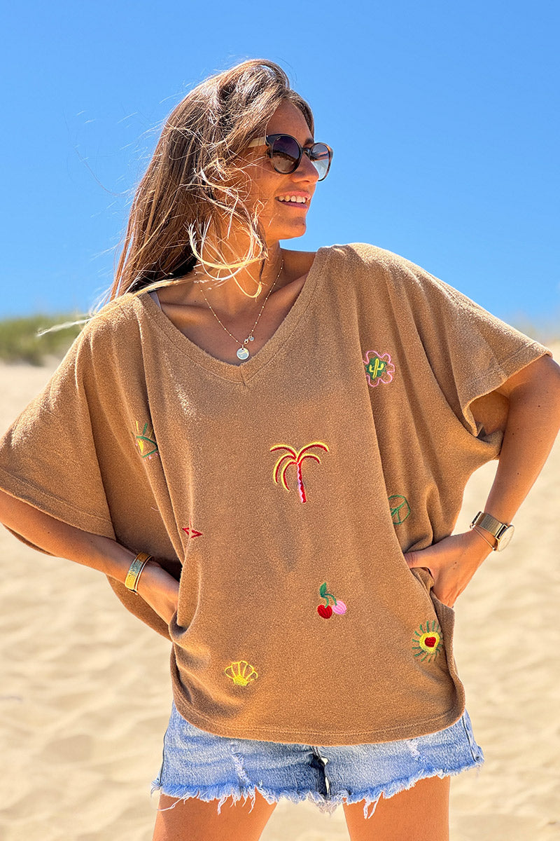 Camel Embroidered Terry V-Neck Top
