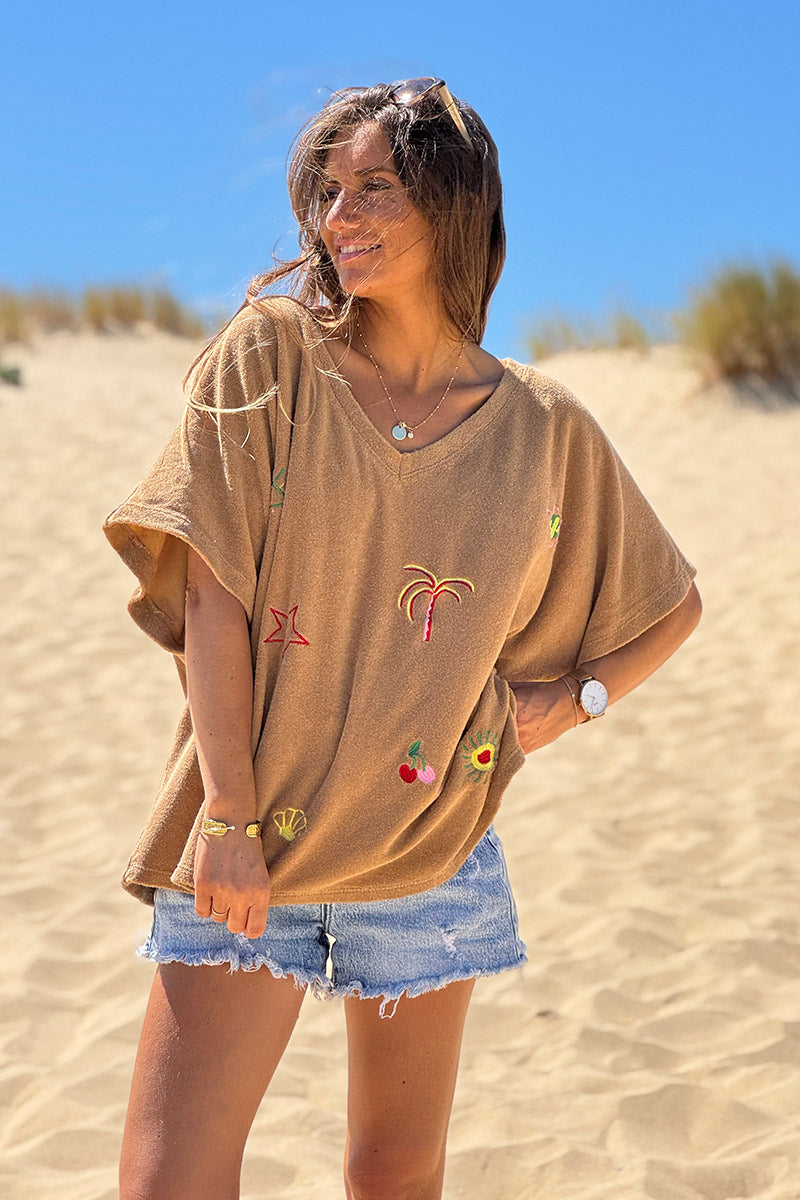 Camel Embroidered Terry V-Neck Top