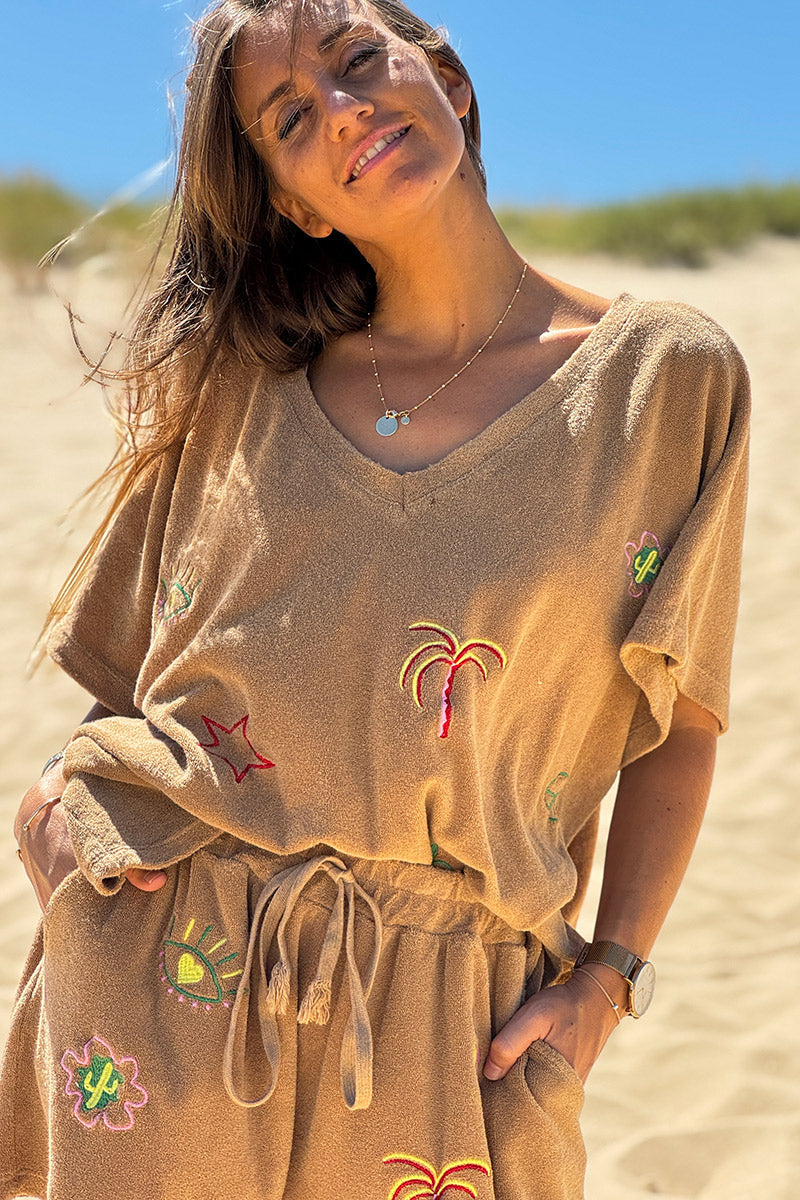 Camel Embroidered Terry V-Neck Top
