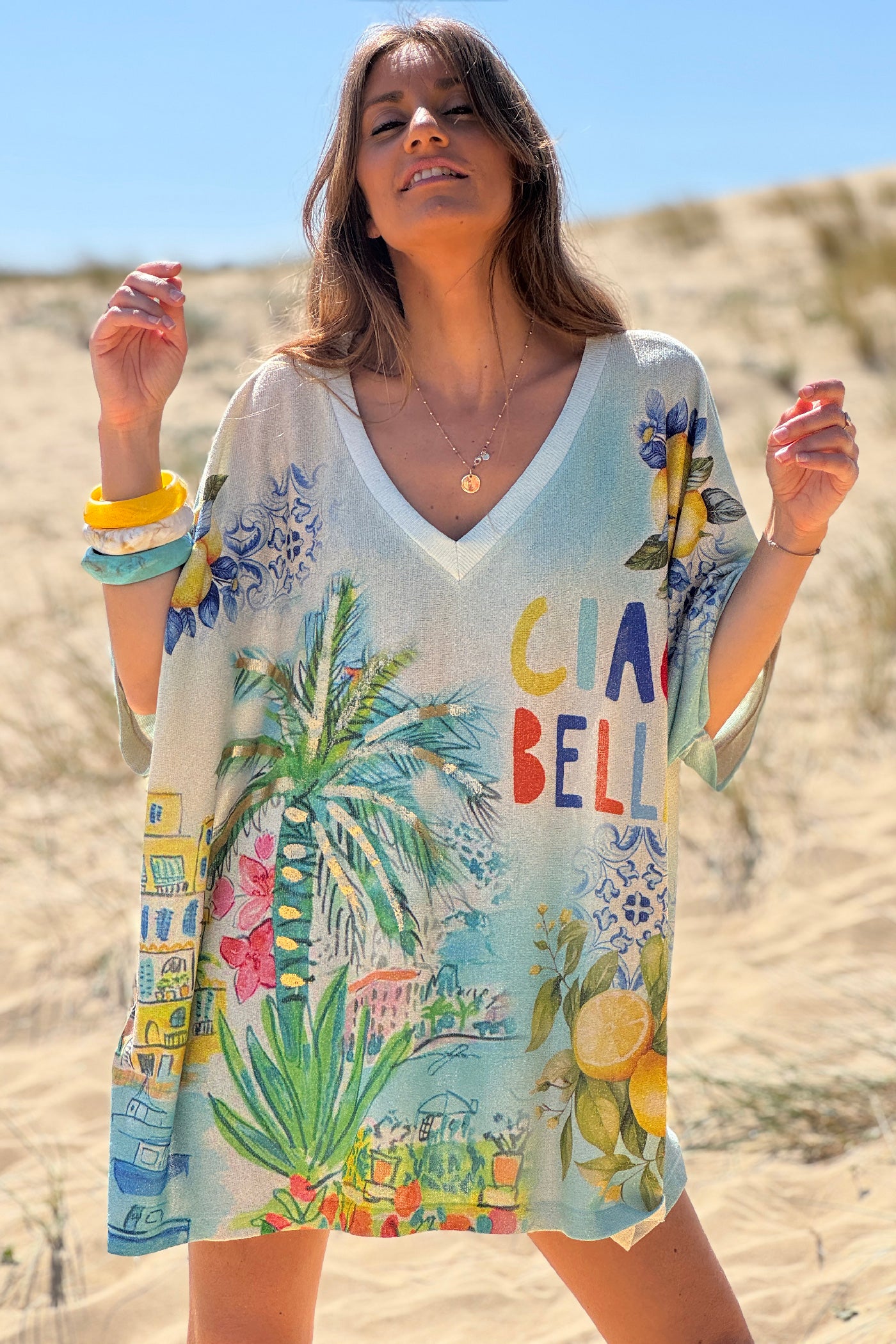 Blue “Ciao Bella” Lemon Grove Glitter Knit Top