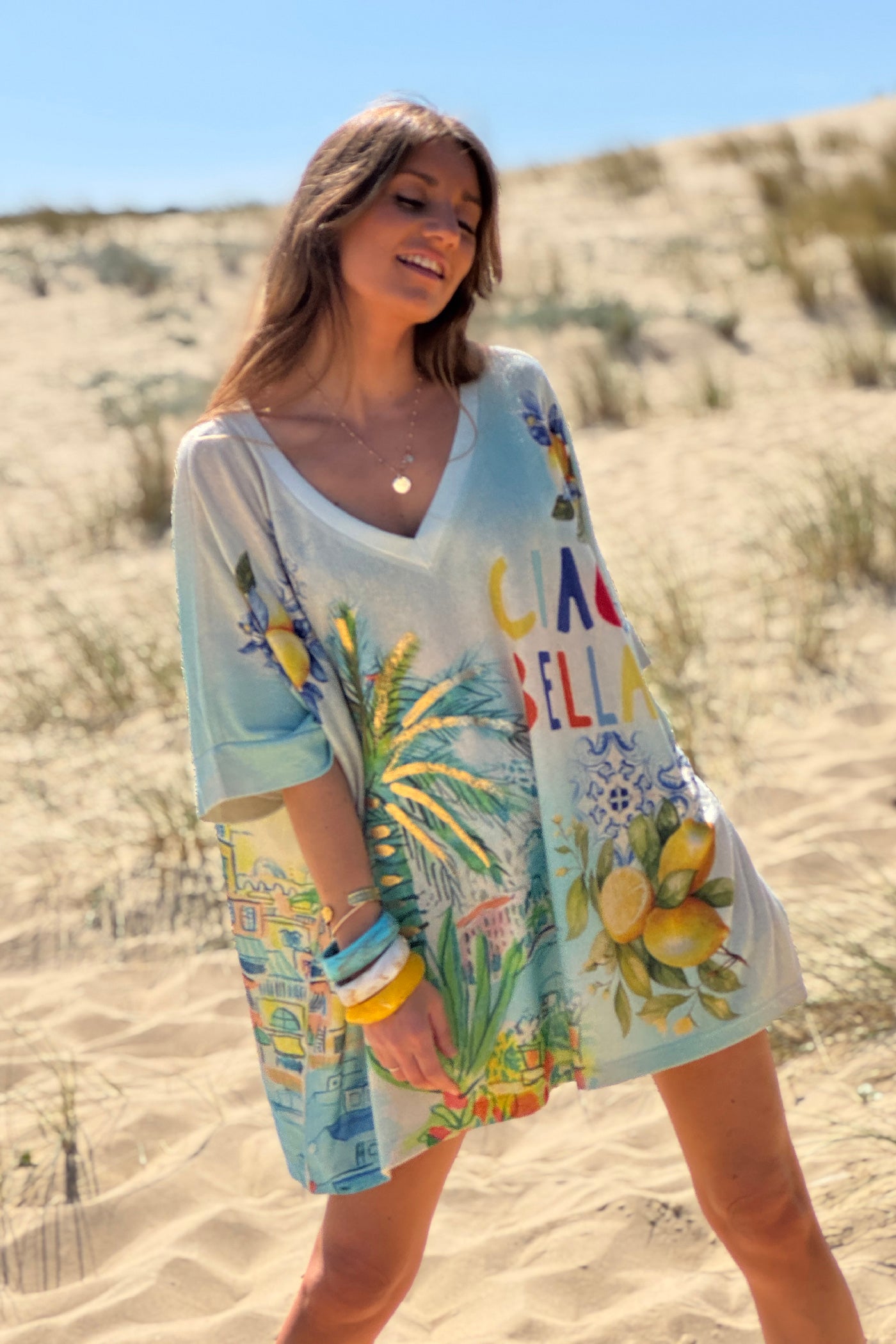 Blue “Ciao Bella” Lemon Grove Glitter Knit Top