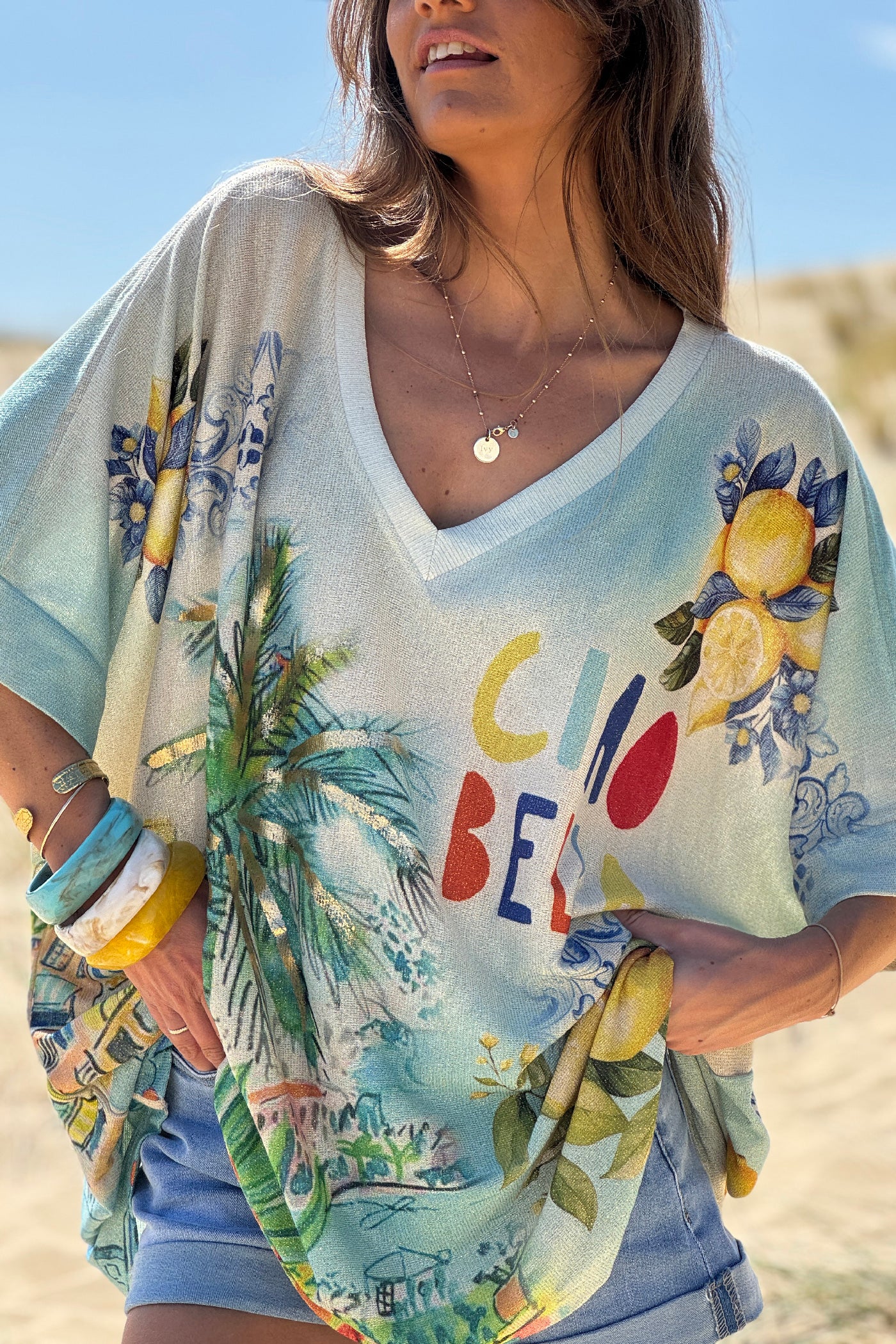 Blue “Ciao Bella” Lemon Grove Glitter Knit Top