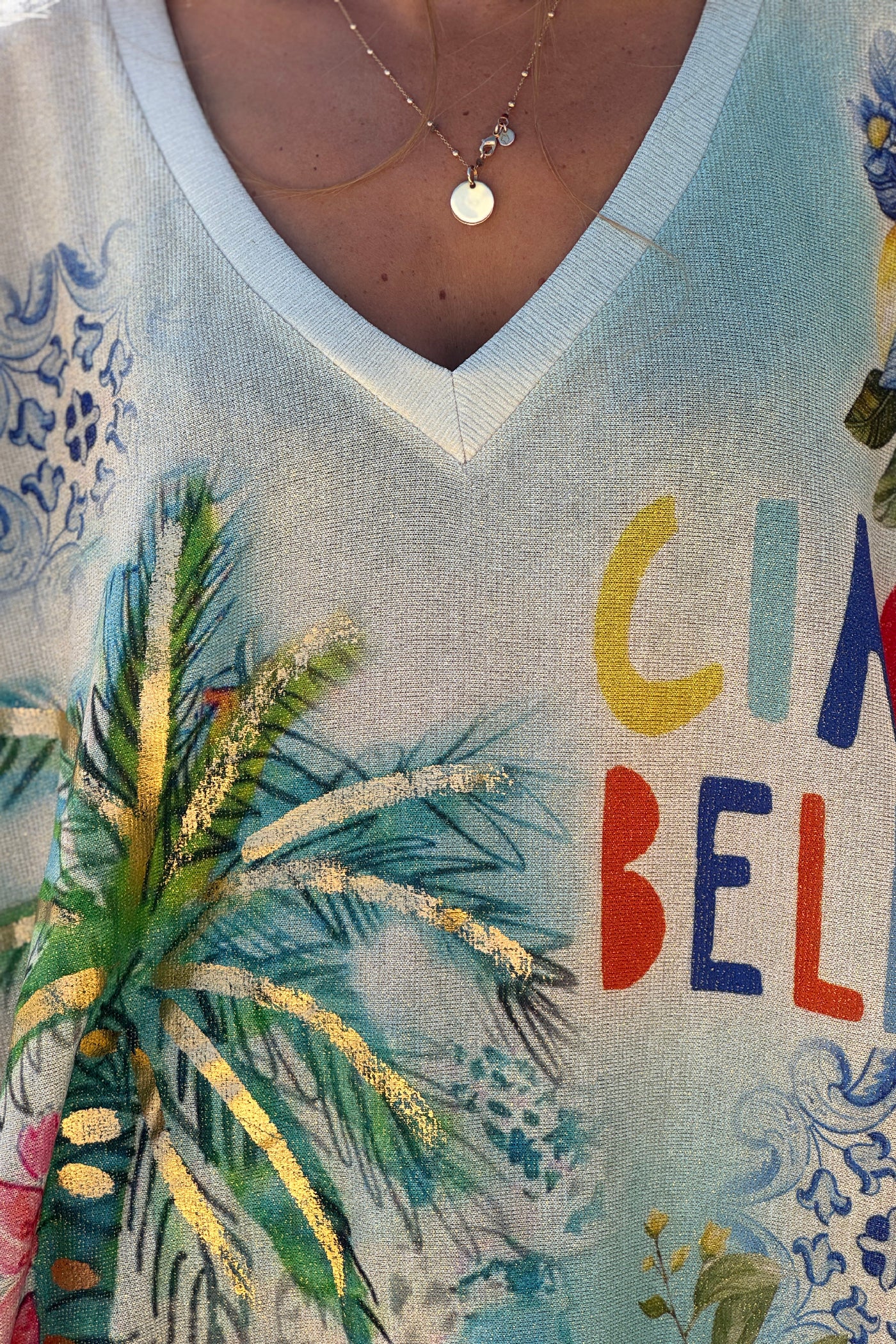 Blue “Ciao Bella” Lemon Grove Glitter Knit Top