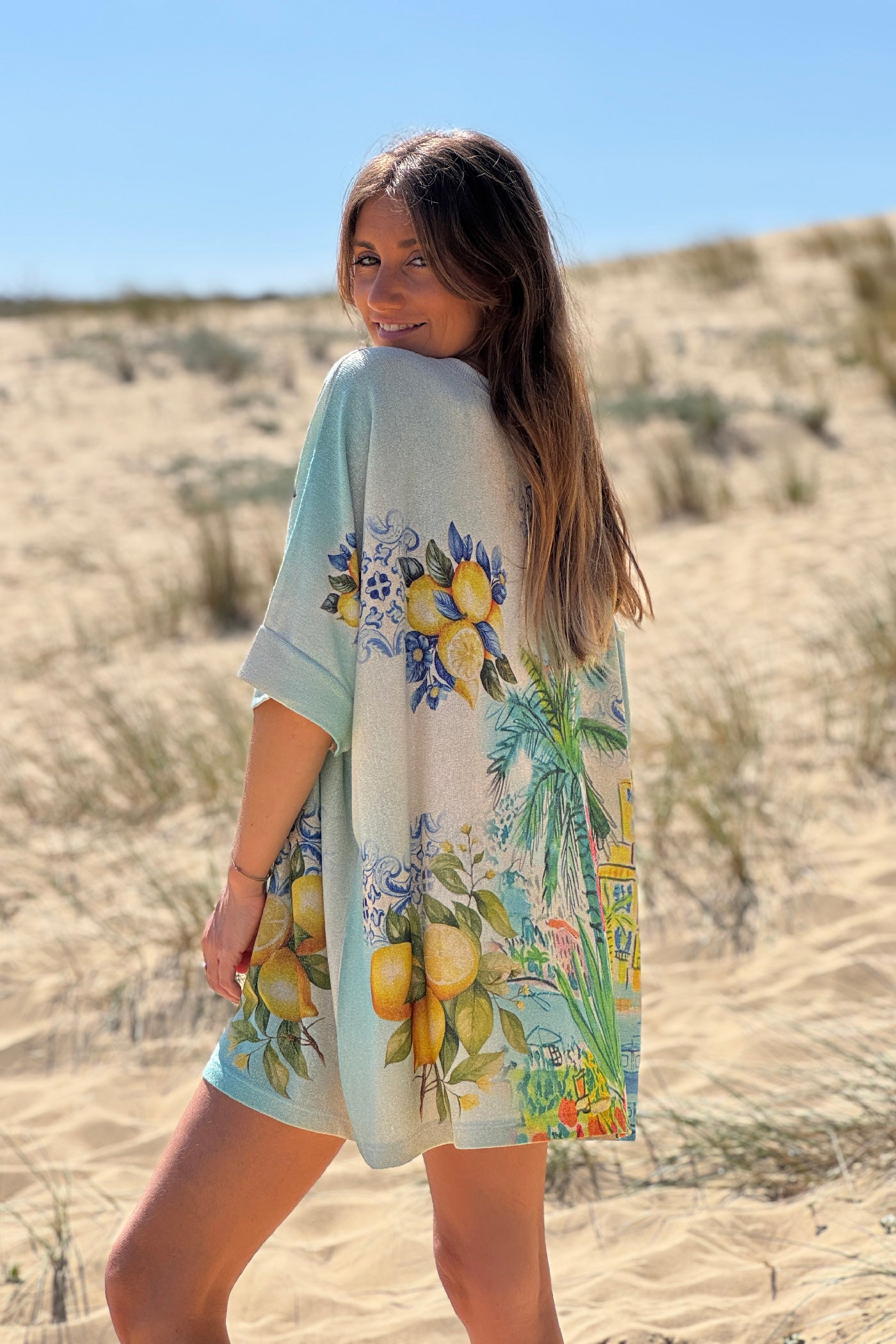 Blue “Ciao Bella” Lemon Grove Glitter Knit Top