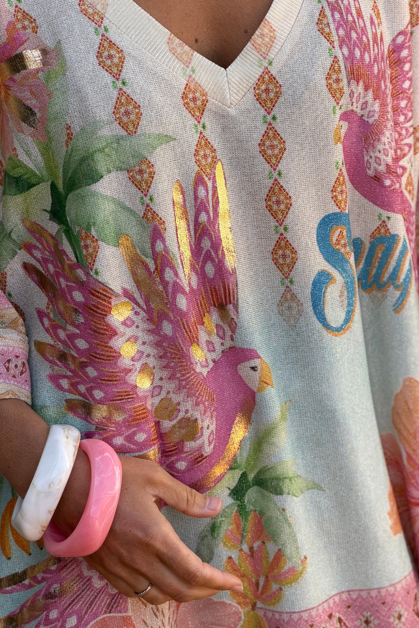 Pink Birds of Paradise Glitter Knit V-Neck Blouse