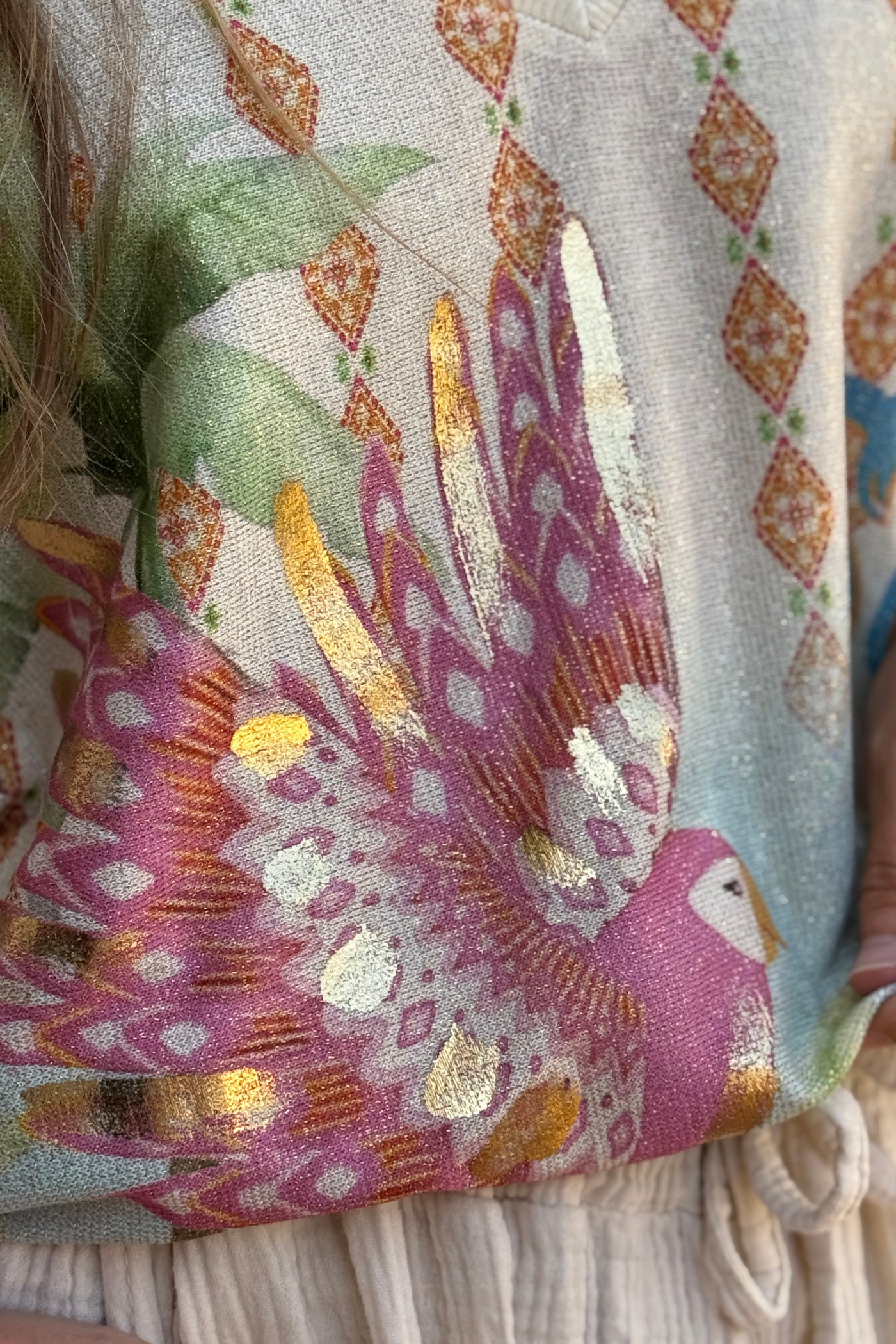 Pink Birds of Paradise Glitter Knit V-Neck Blouse