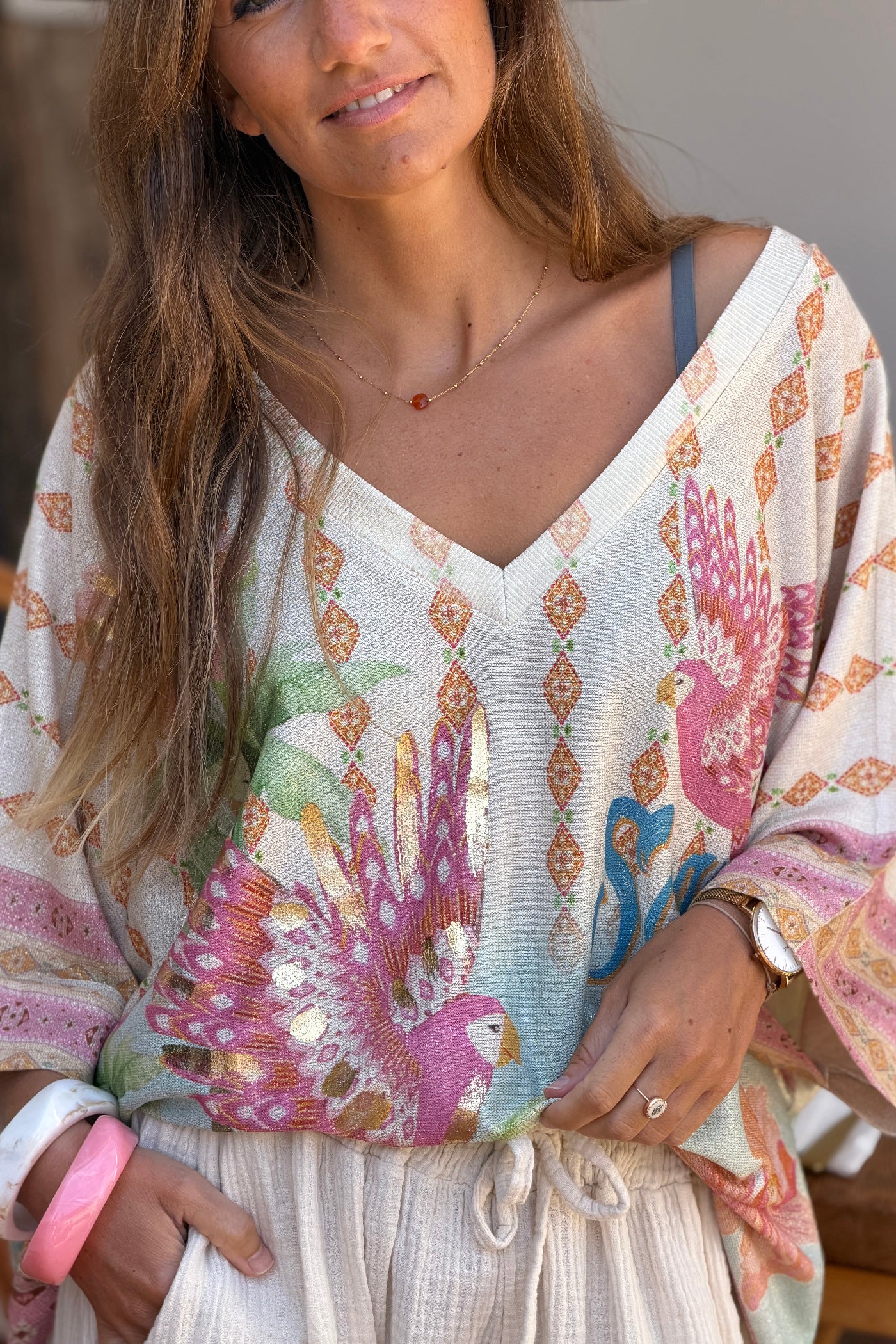 Pink Birds of Paradise Glitter Knit V-Neck Blouse