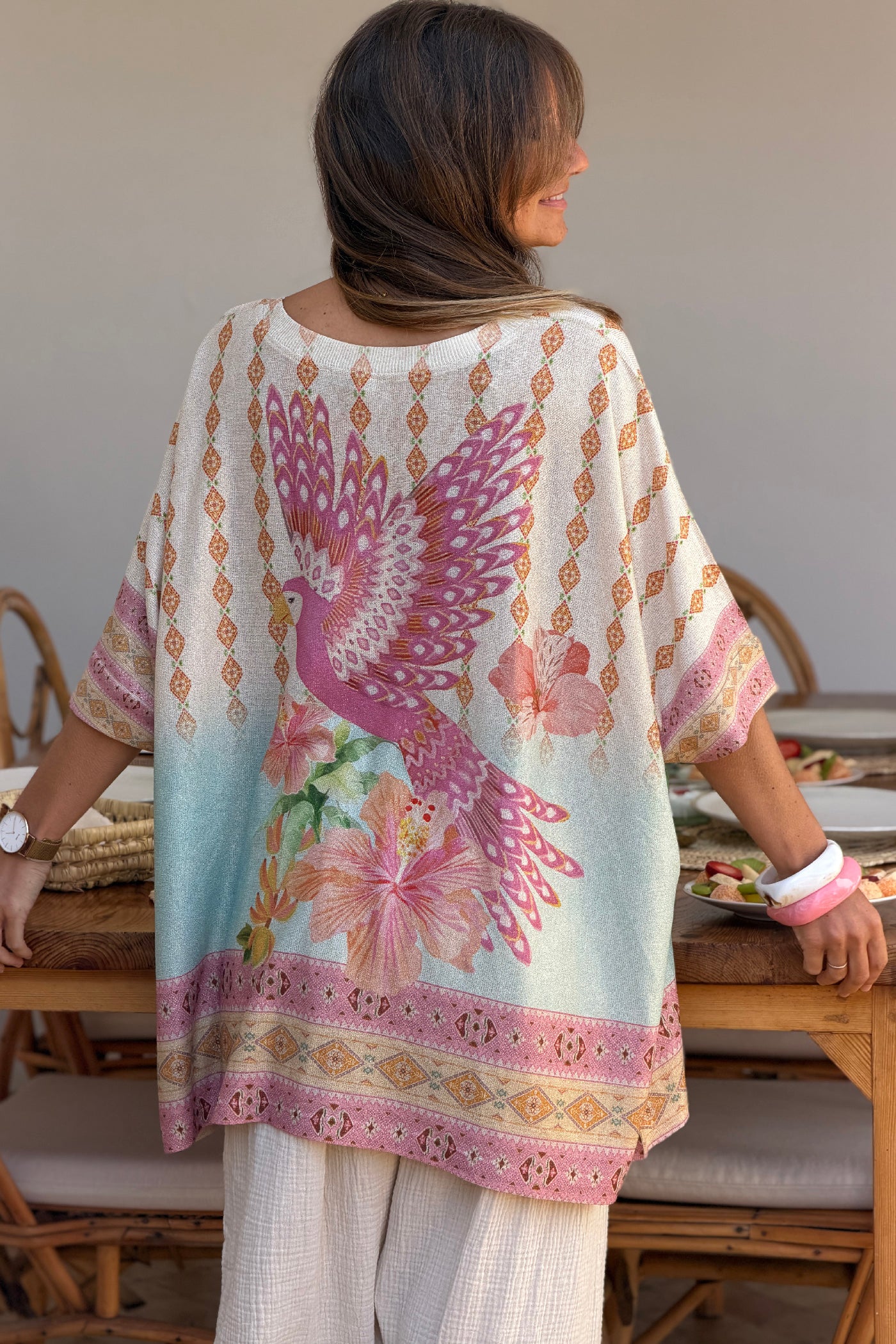 Pink Birds of Paradise Glitter Knit V-Neck Blouse