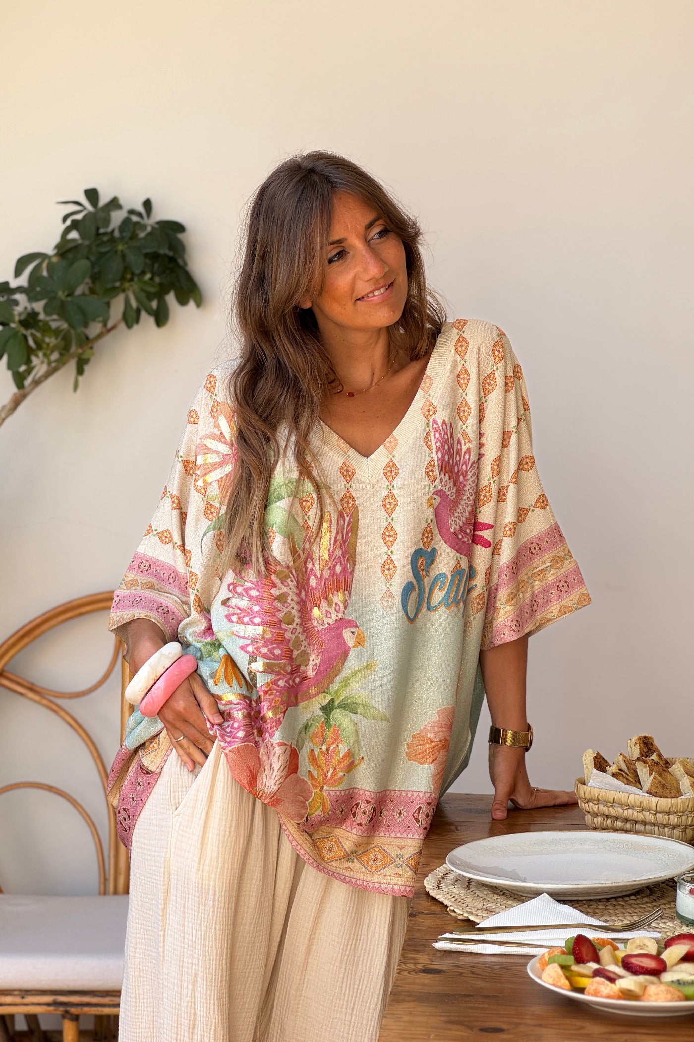 Pink Birds of Paradise Glitter Knit V-Neck Blouse