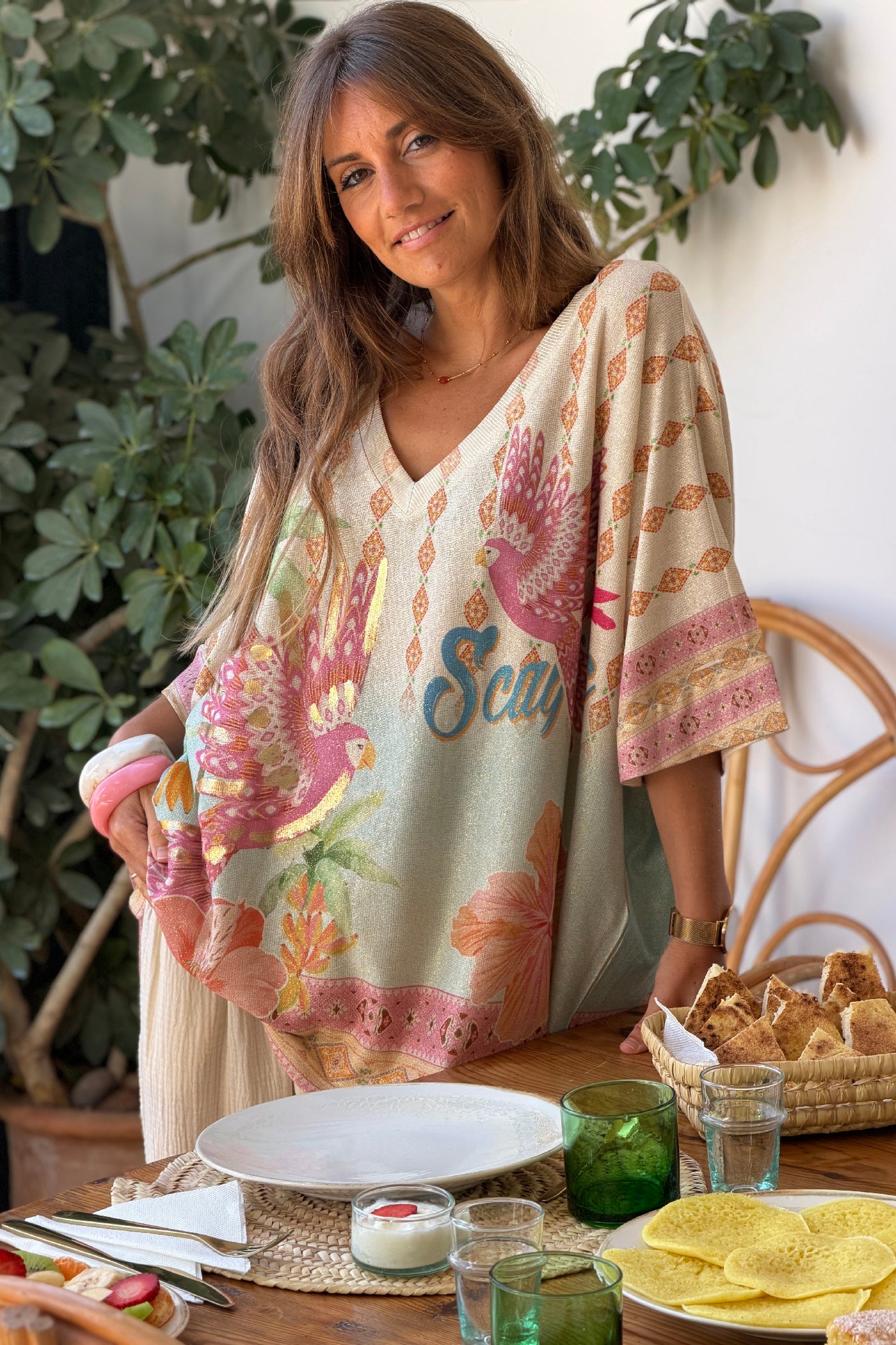 Pink Birds of Paradise Glitter Knit V-Neck Blouse