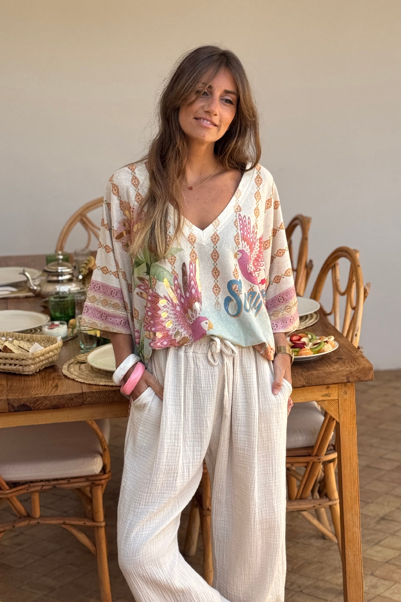 Pink Birds of Paradise Glitter Knit V-Neck Blouse