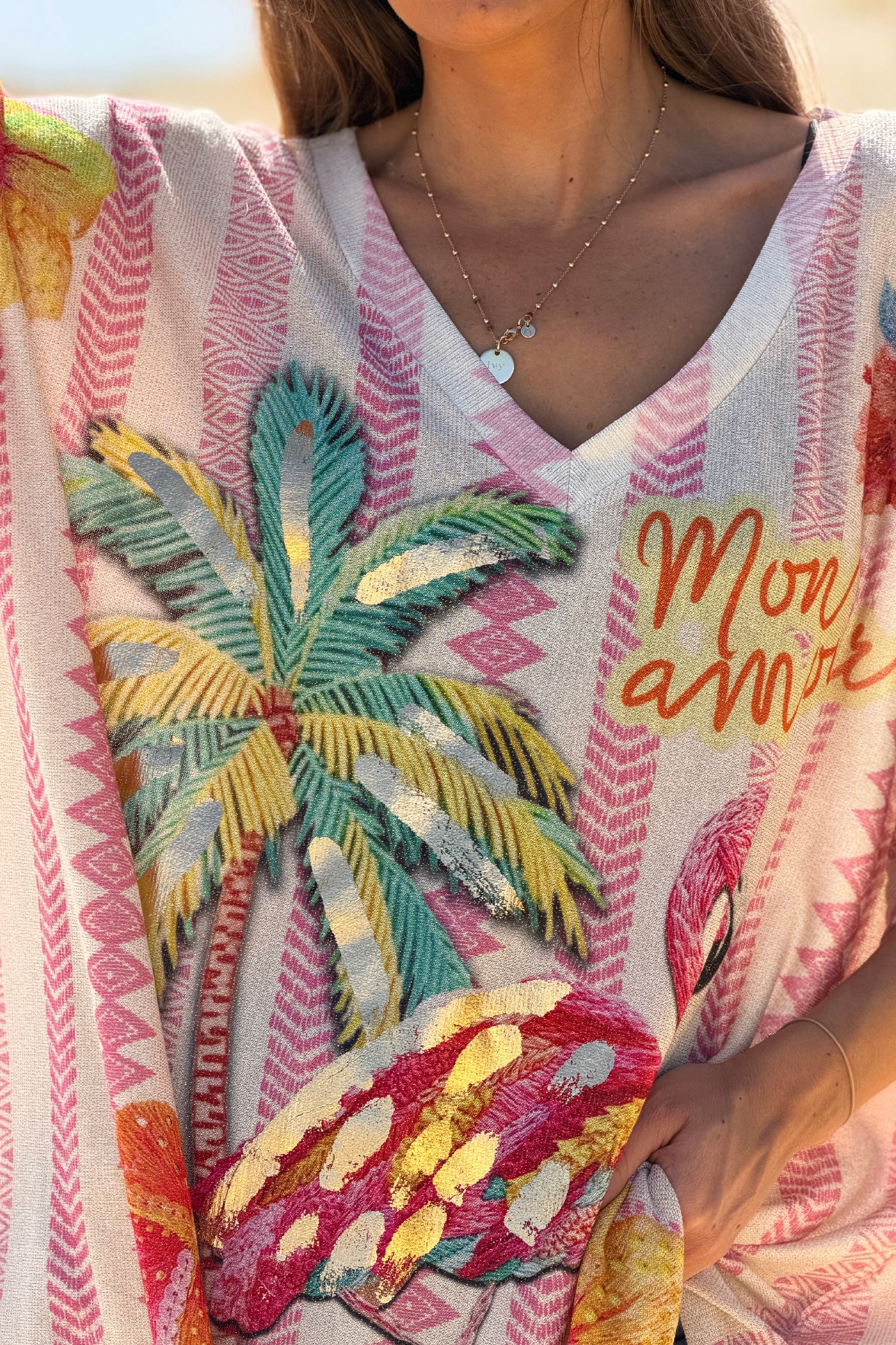 Top large et brillant imprime flamingo et palmier rayures roses