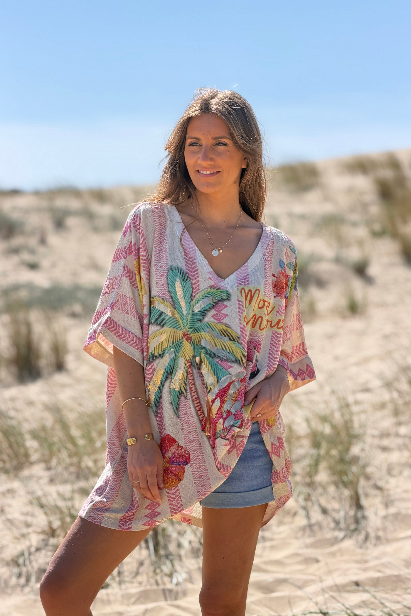 Top large et brillant imprime flamingo et palmier rayures roses