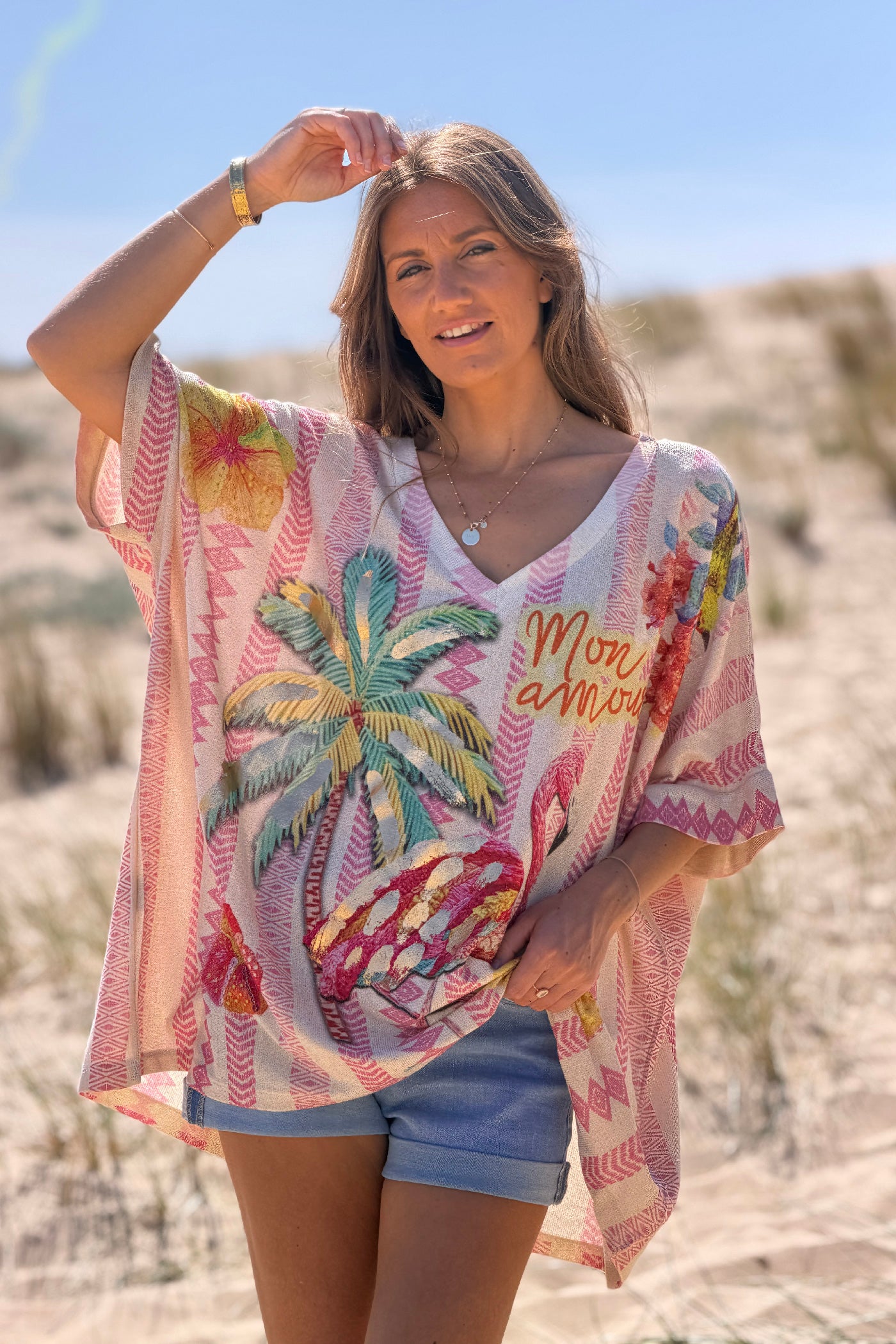 Top large et brillant imprime flamingo et palmier rayures roses