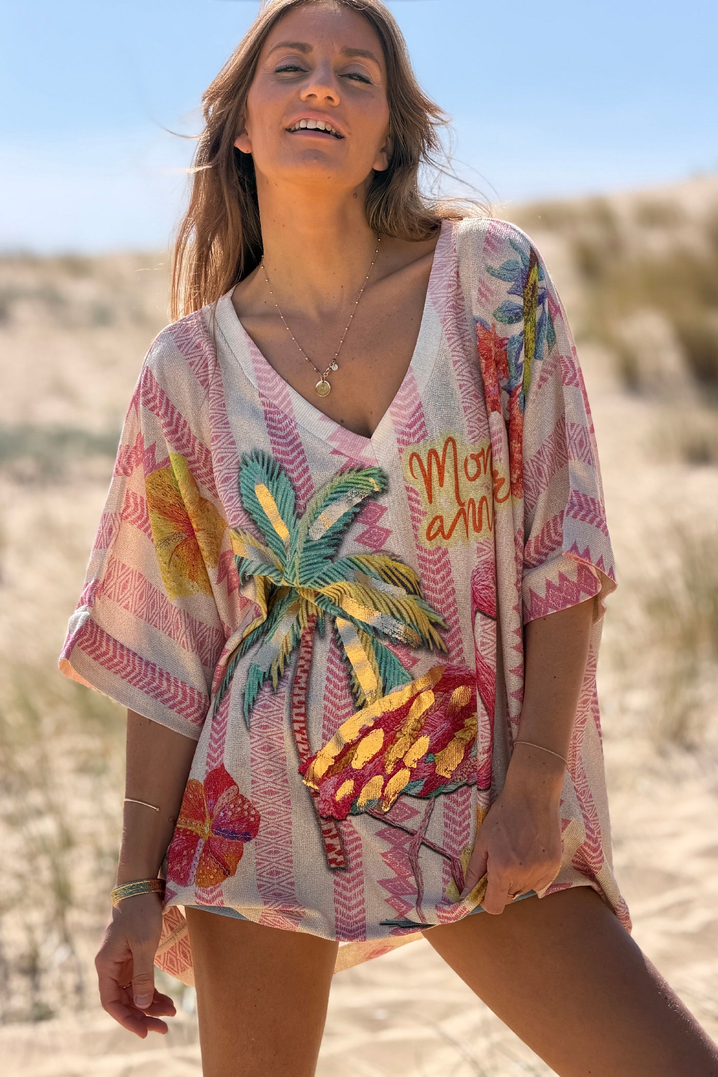 Top large et brillant imprime flamingo et palmier rayures roses