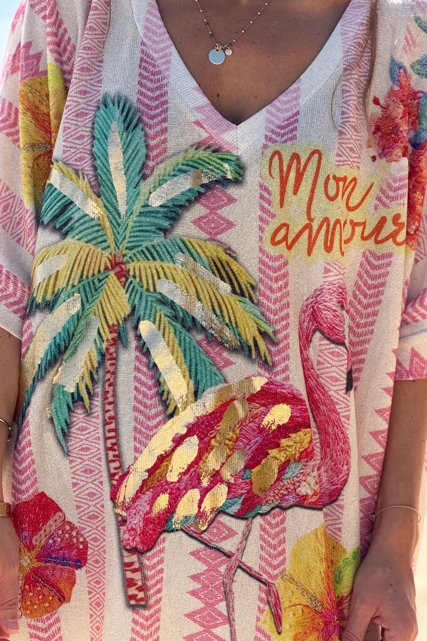 Top large et brillant imprime flamingo et palmier rayures roses