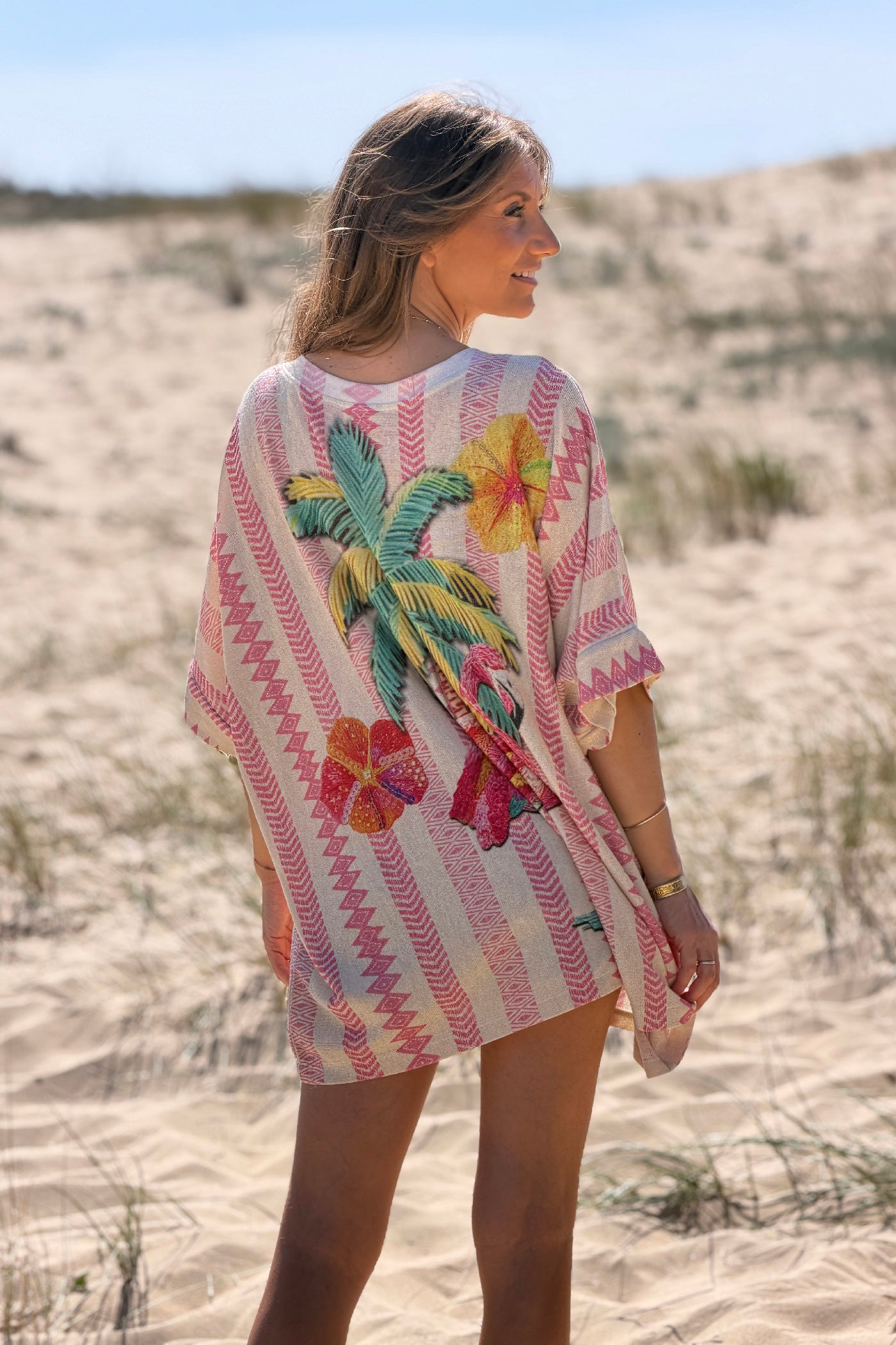 Top large et brillant imprime flamingo et palmier rayures roses