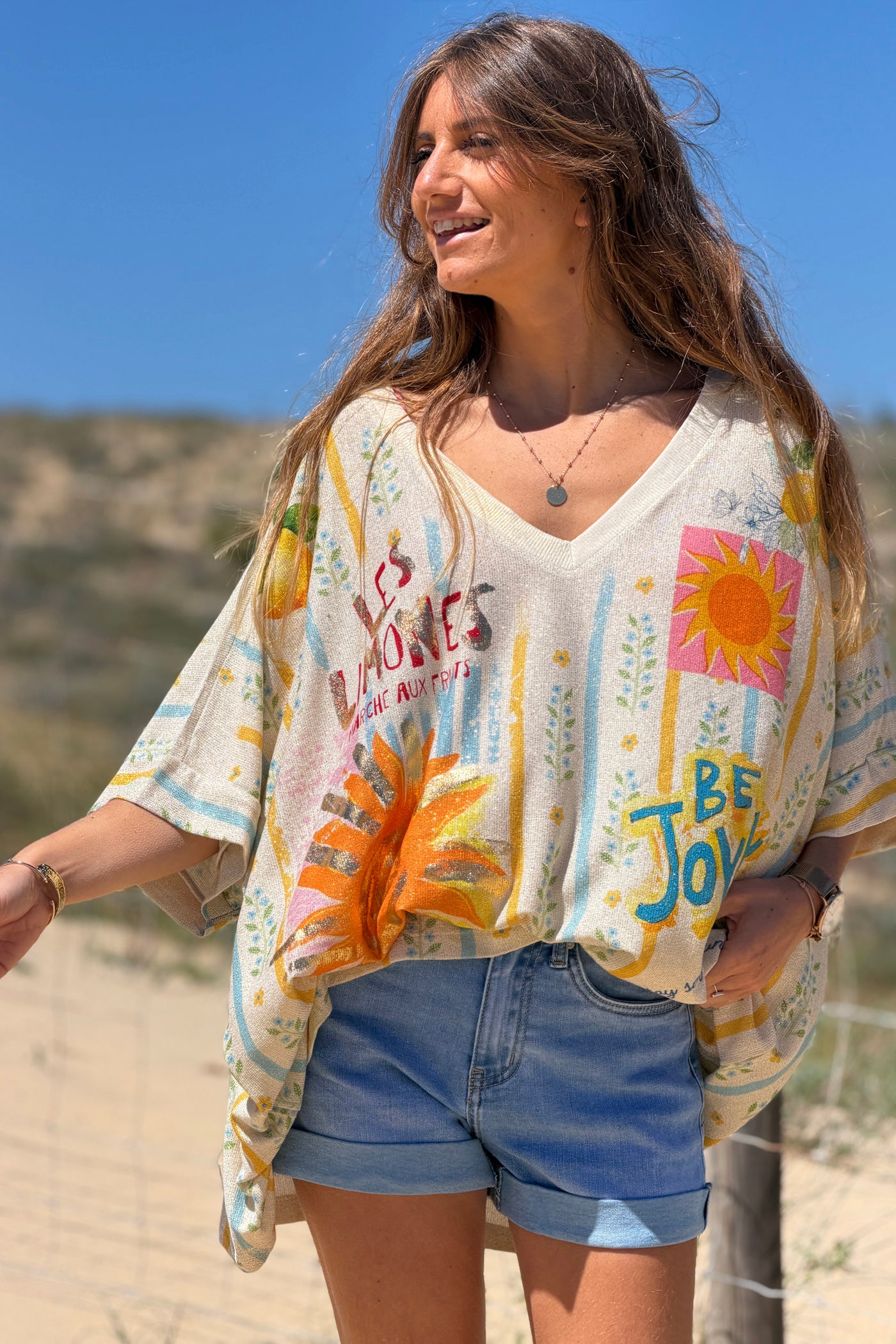 Cream “Be Joyful” Glitter Knit Lemon Stripe Tunic