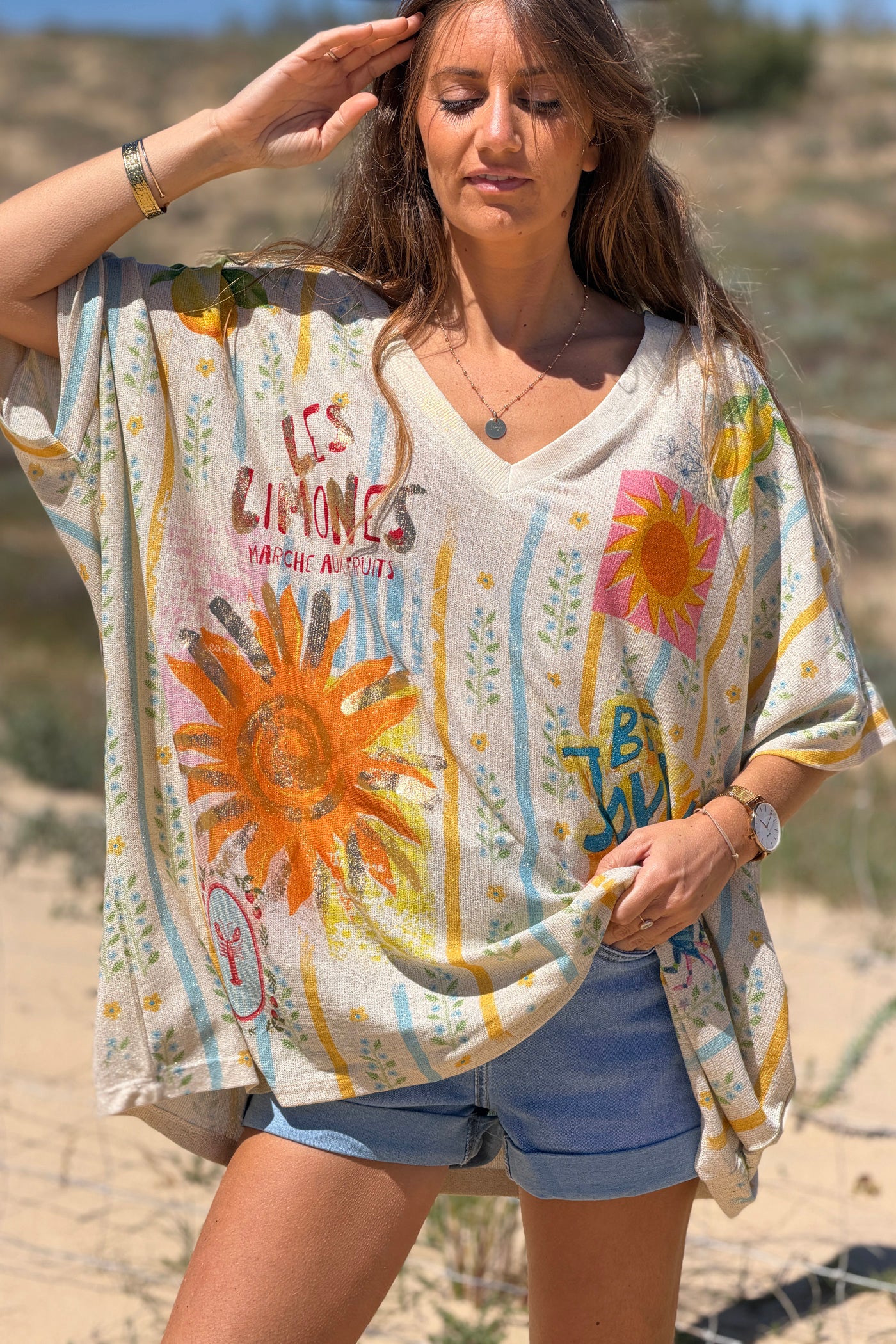 Cream “Be Joyful” Glitter Knit Lemon Stripe Tunic