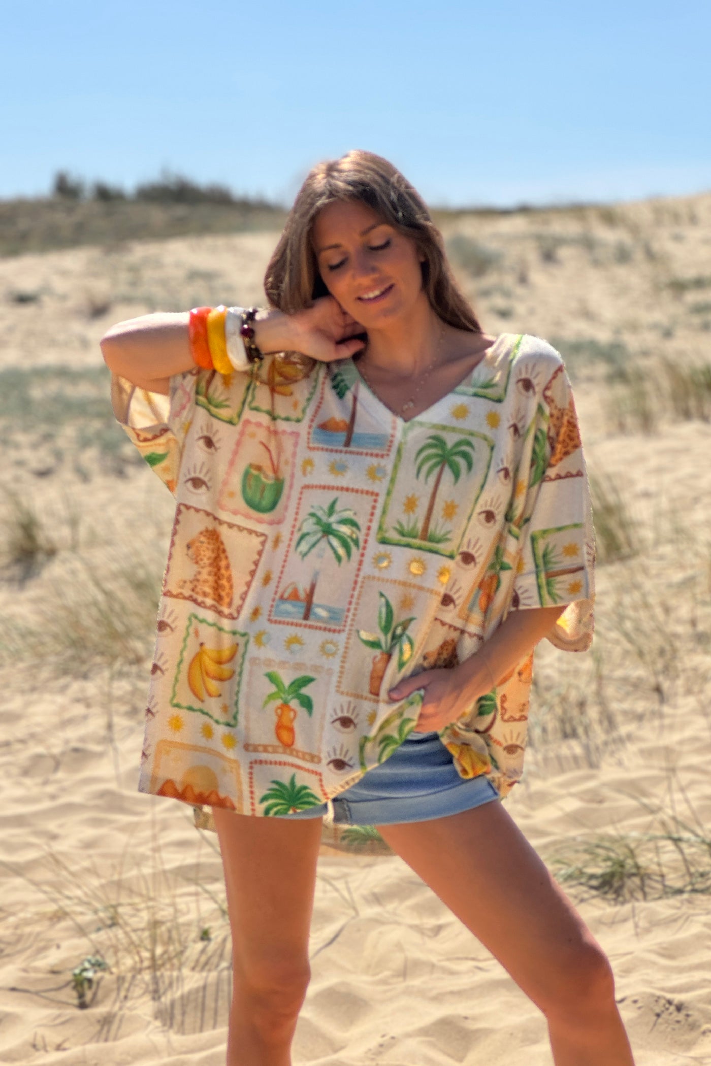 Beige Palm Squares Glitter Knit Top