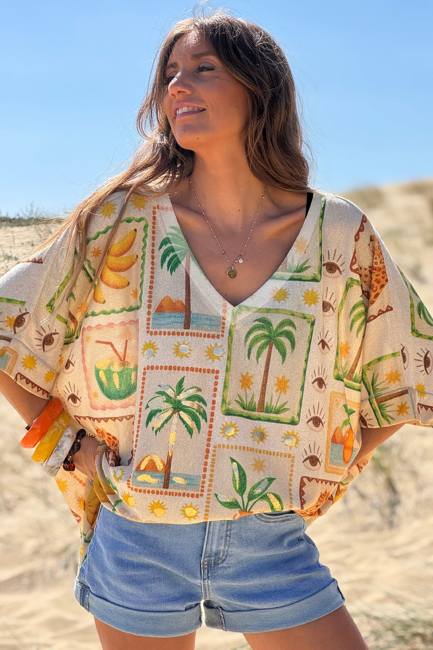 Beige Palm Squares Glitter Knit Top