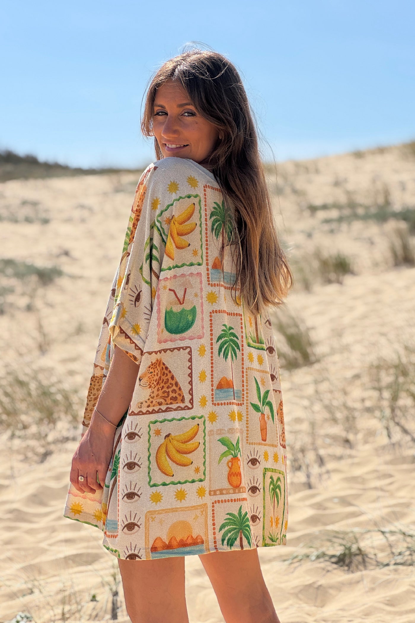 Beige Palm Squares Glitter Knit Top