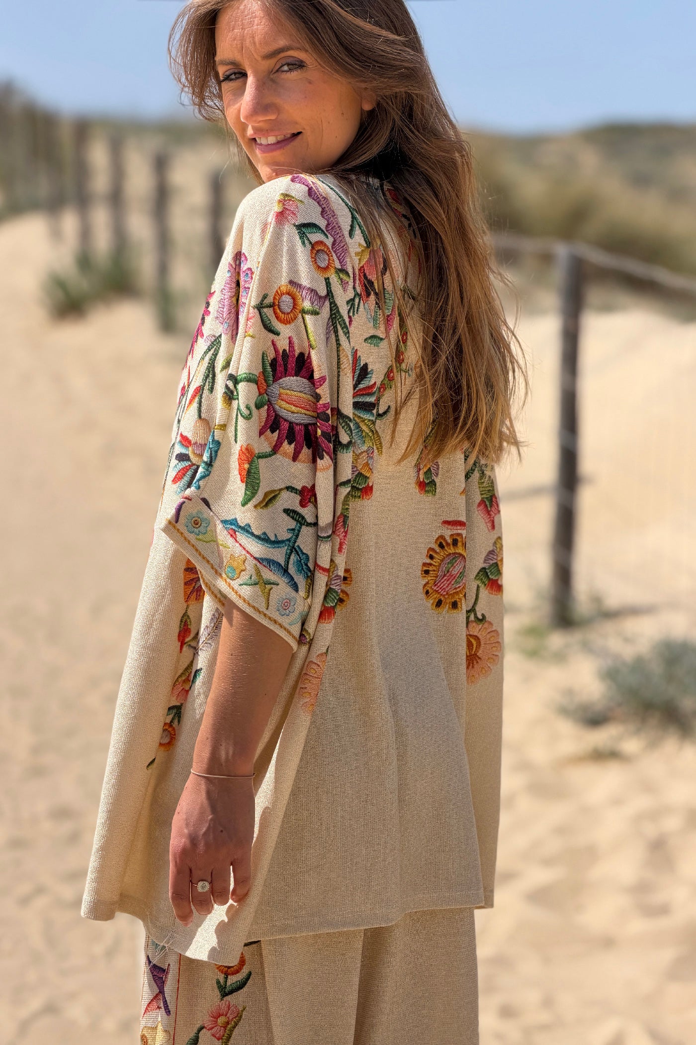 Beige Embroidered Folk Garden V-Neck Tunic