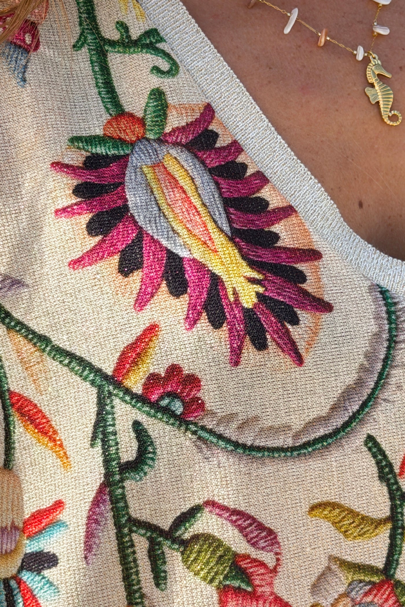 Beige Embroidered Folk Garden V-Neck Tunic